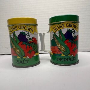 Vintage Tin Salt & Pepper Shakers Handled Farm Vegetable Garden Home Grown